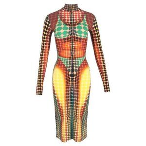 Jean Paul Gaultier Cyber Print High-Neck Midi Dress Multicolor Polyamide XS NEW